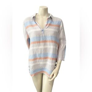 Cynthia Rowley L Linen Blouse Blue Orange Gray Stripe V-Neck 3/4 Sleeve Flaw